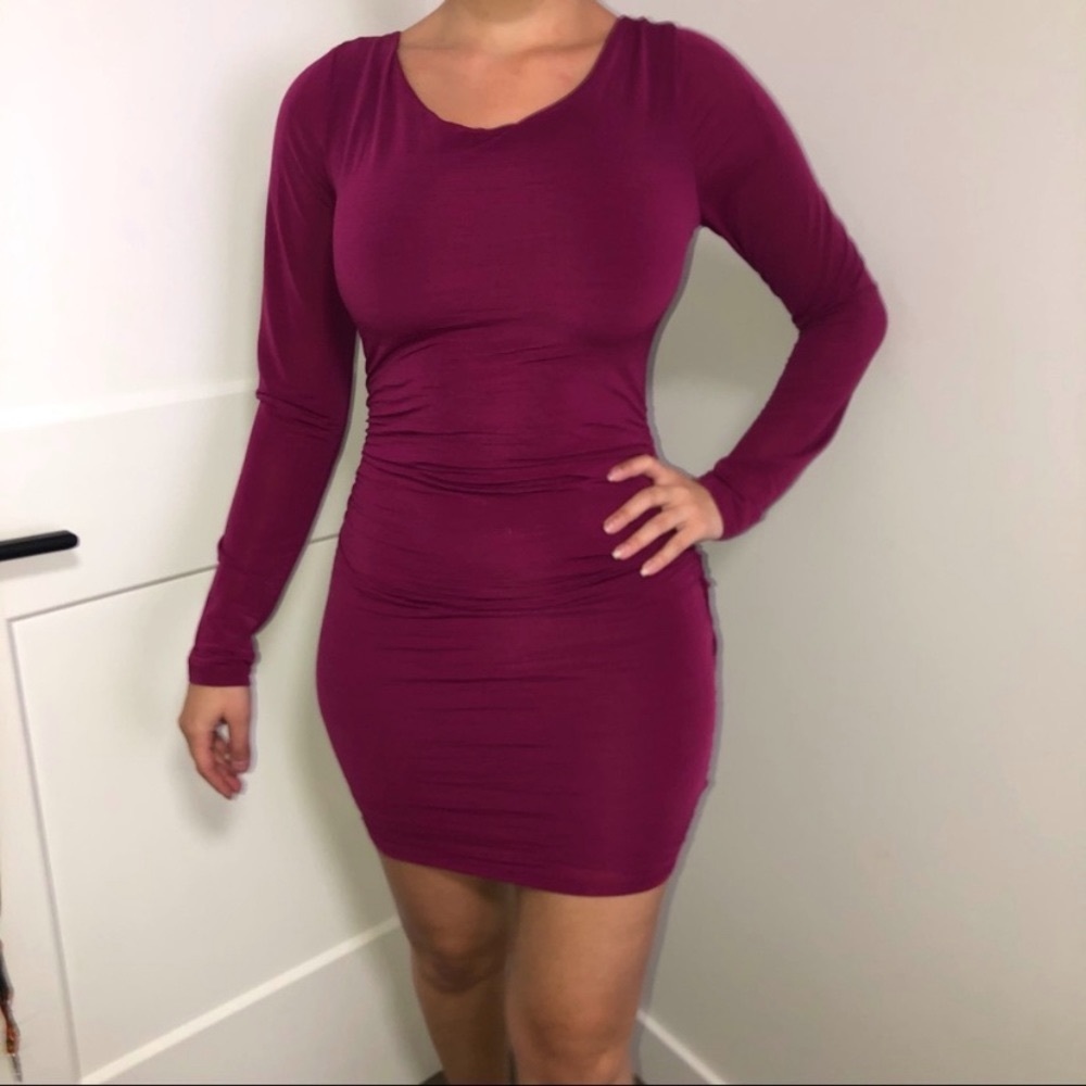 GUESS Long Sleeve Purple Bodycon Dress with Ruching